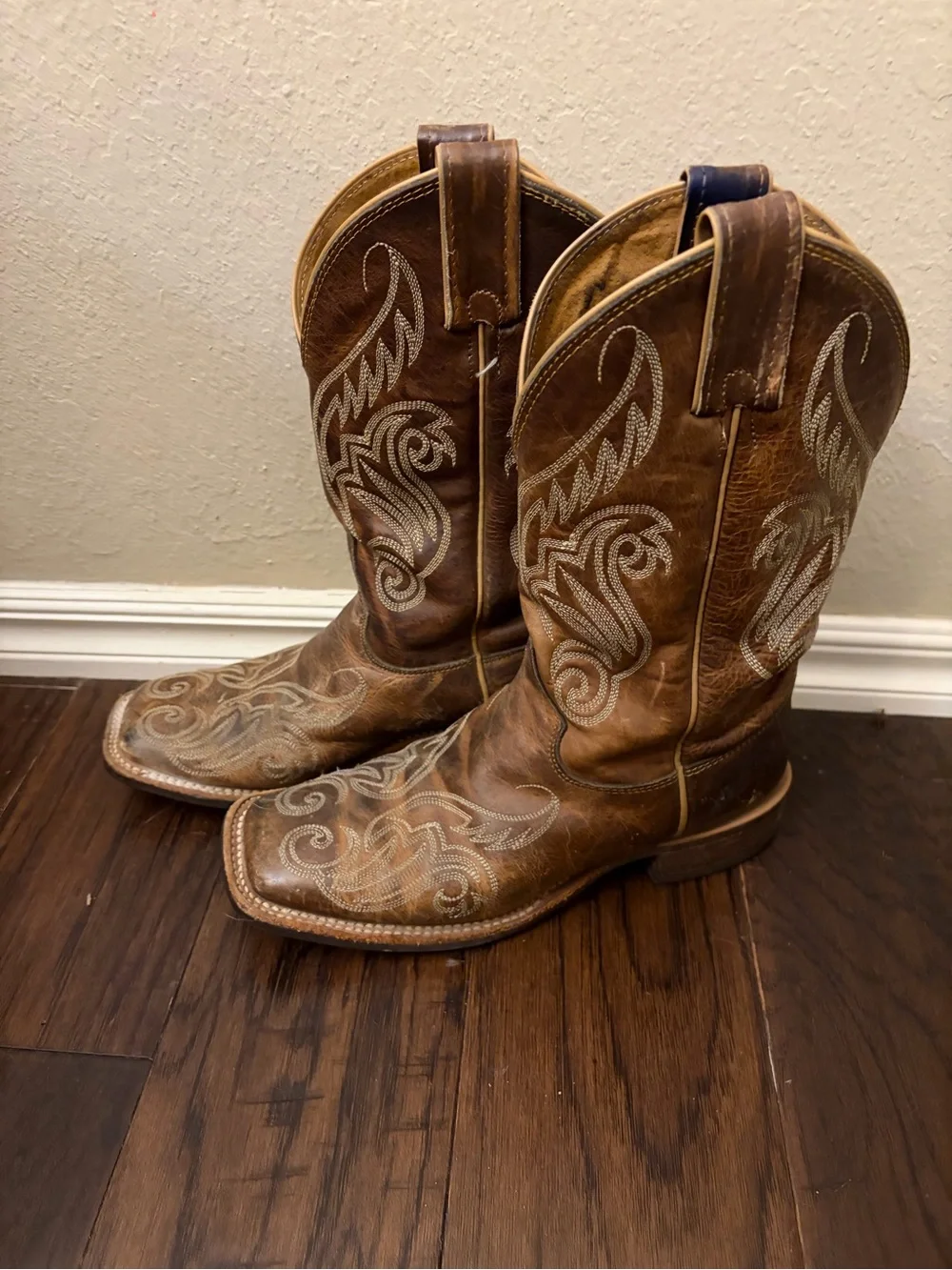 Justin Boots Brown Kids Leather Western Cowboy Boots with White Stitching